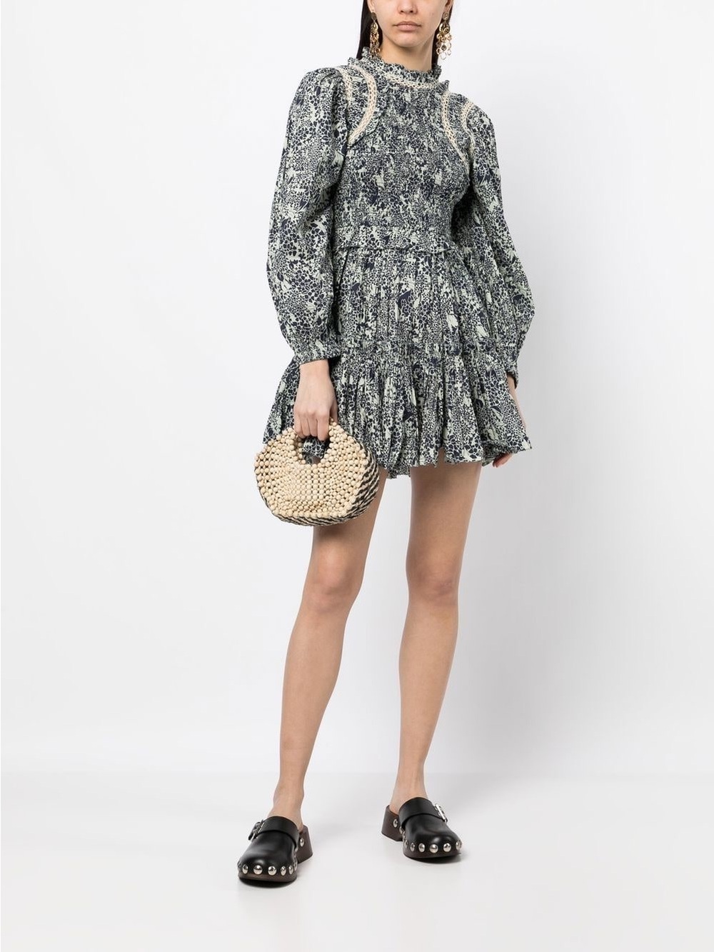 Sea New York Navy and Cream Floral Long-Sleeve Smocked Mini Dress